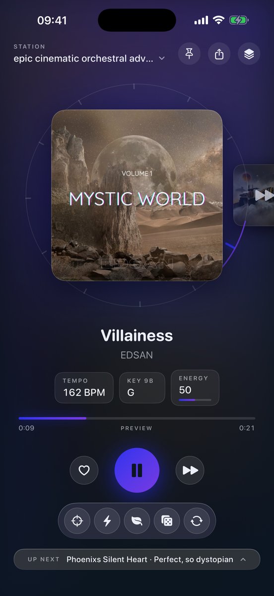 AudioAtlas Radio on iPhone: now playing, with the album cover inside a key dial, tempo, key and energy readouts, and the steer bar