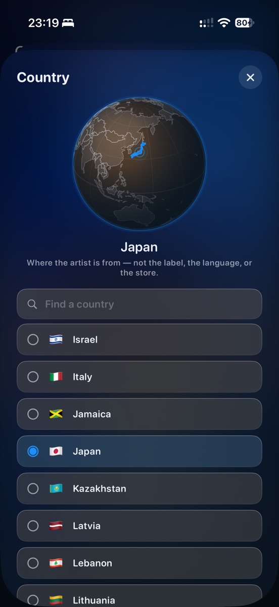 AudioAtlas Radio: a globe turned to Japan, with the list of countries below