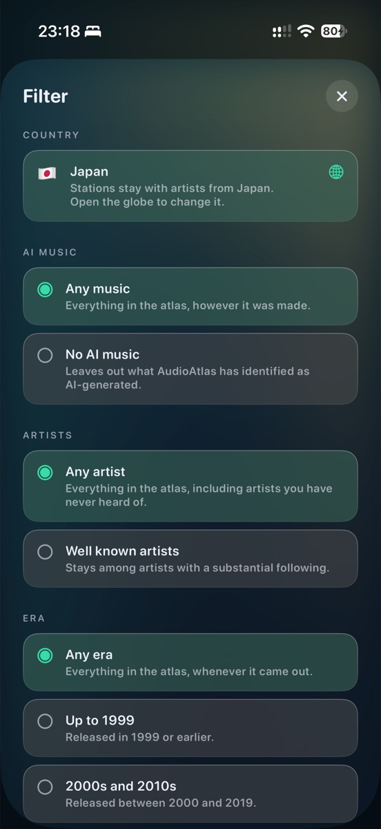 AudioAtlas Radio filters: country, AI music, artist reach and era