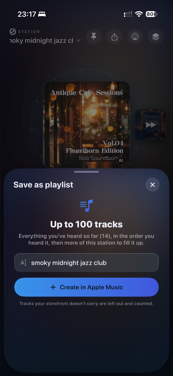 AudioAtlas Radio: save the session as an Apple Music playlist