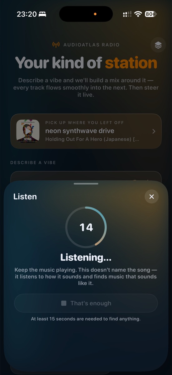 AudioAtlas Radio listening to the room, with a fifteen-second countdown