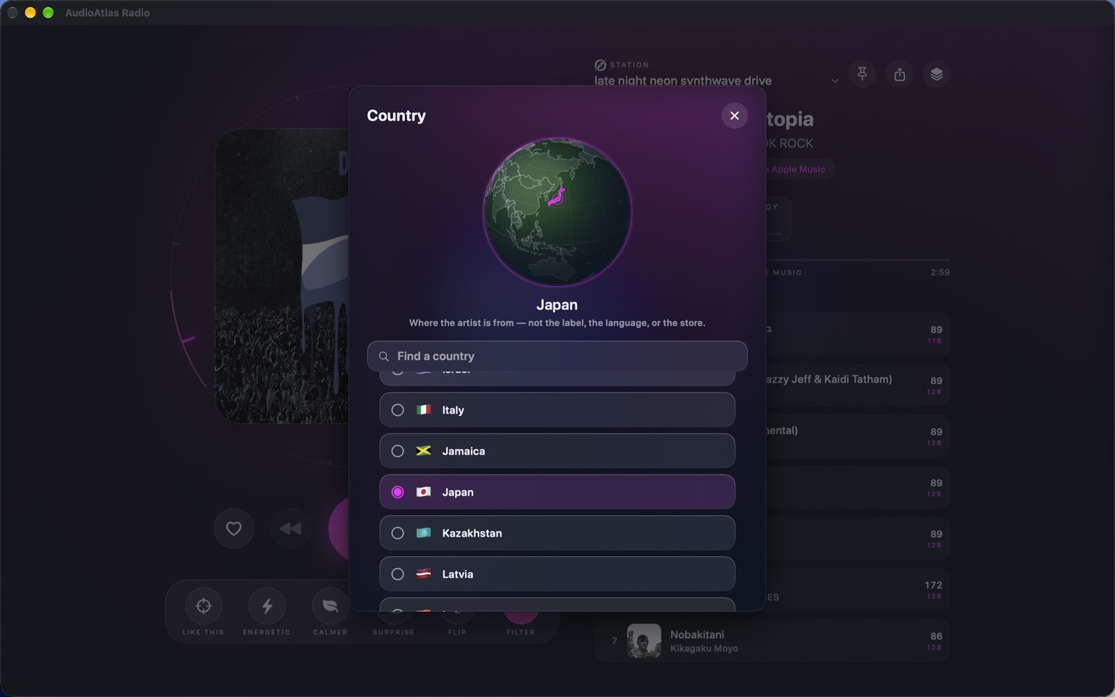 AudioAtlas Radio on the Mac: the country globe
