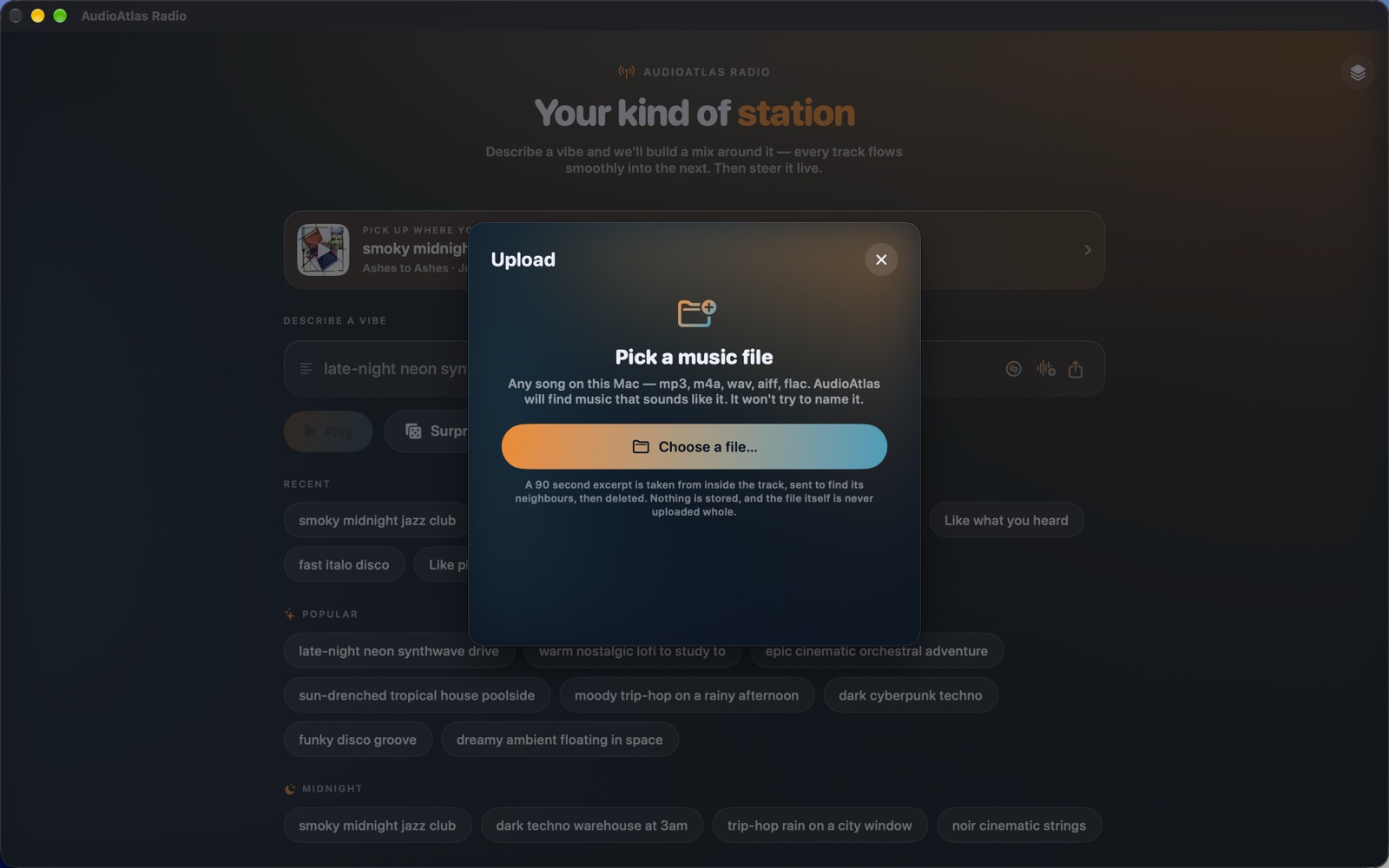 AudioAtlas Radio on the Mac: start a station from a music file