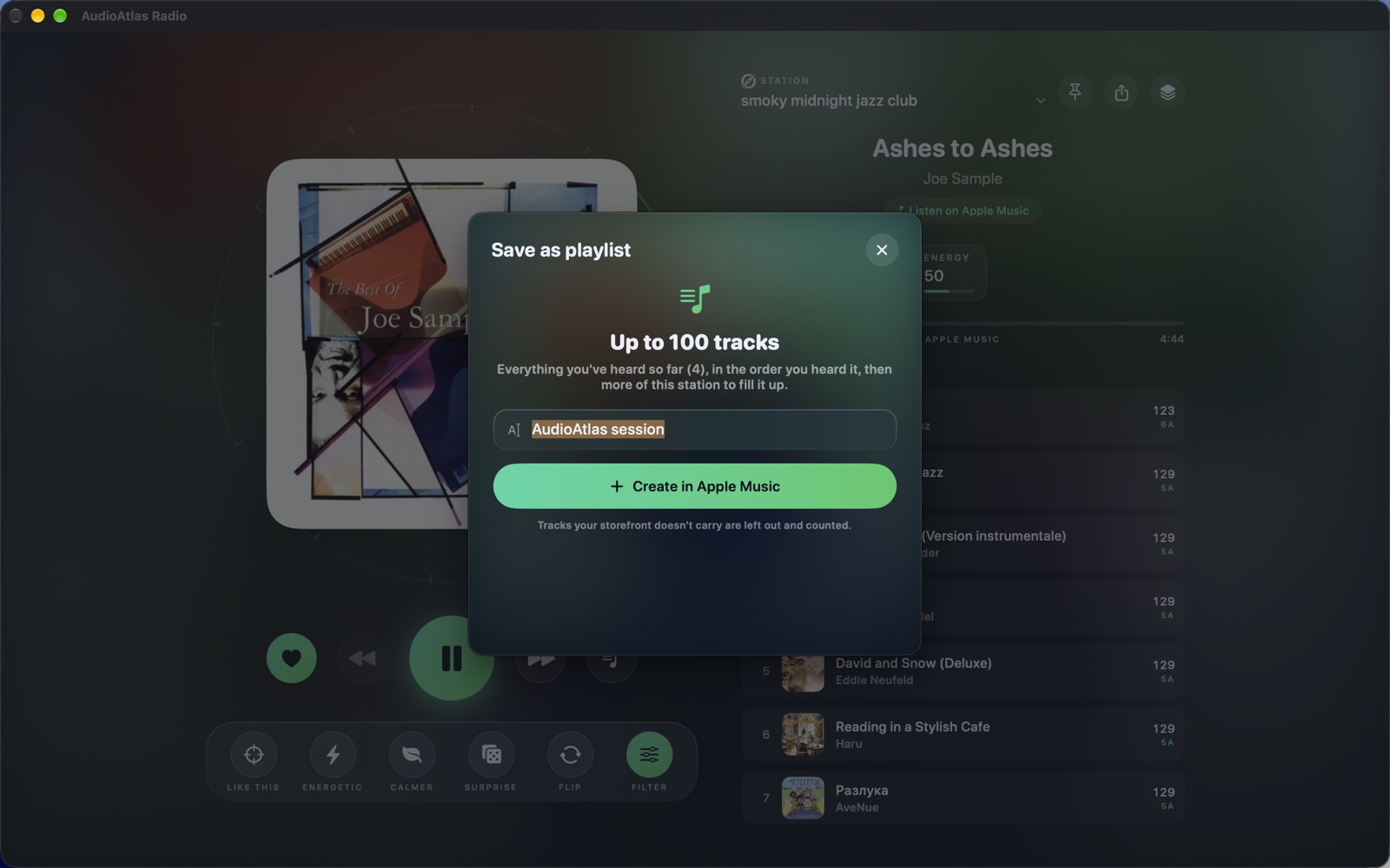 AudioAtlas Radio on the Mac: save the session as an Apple Music playlist