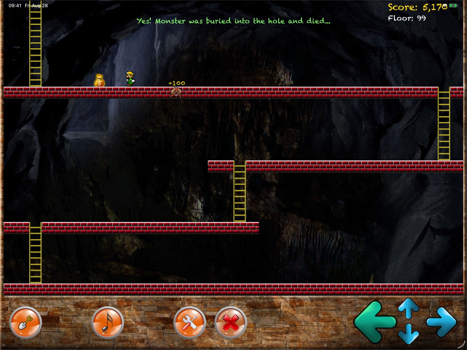 Bagman on iPad: a cave of brick floors and ladders, a monster buried in a hole
