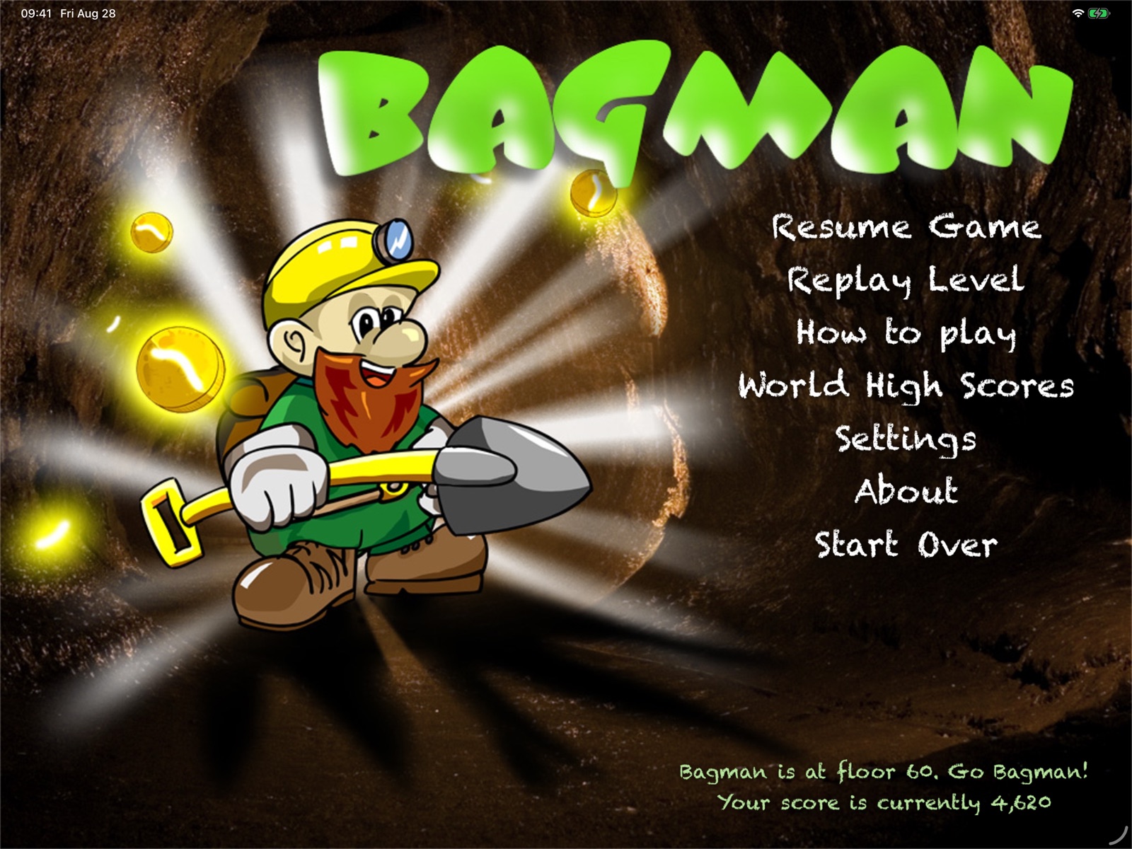 Bagman title screen with the miner and the menu