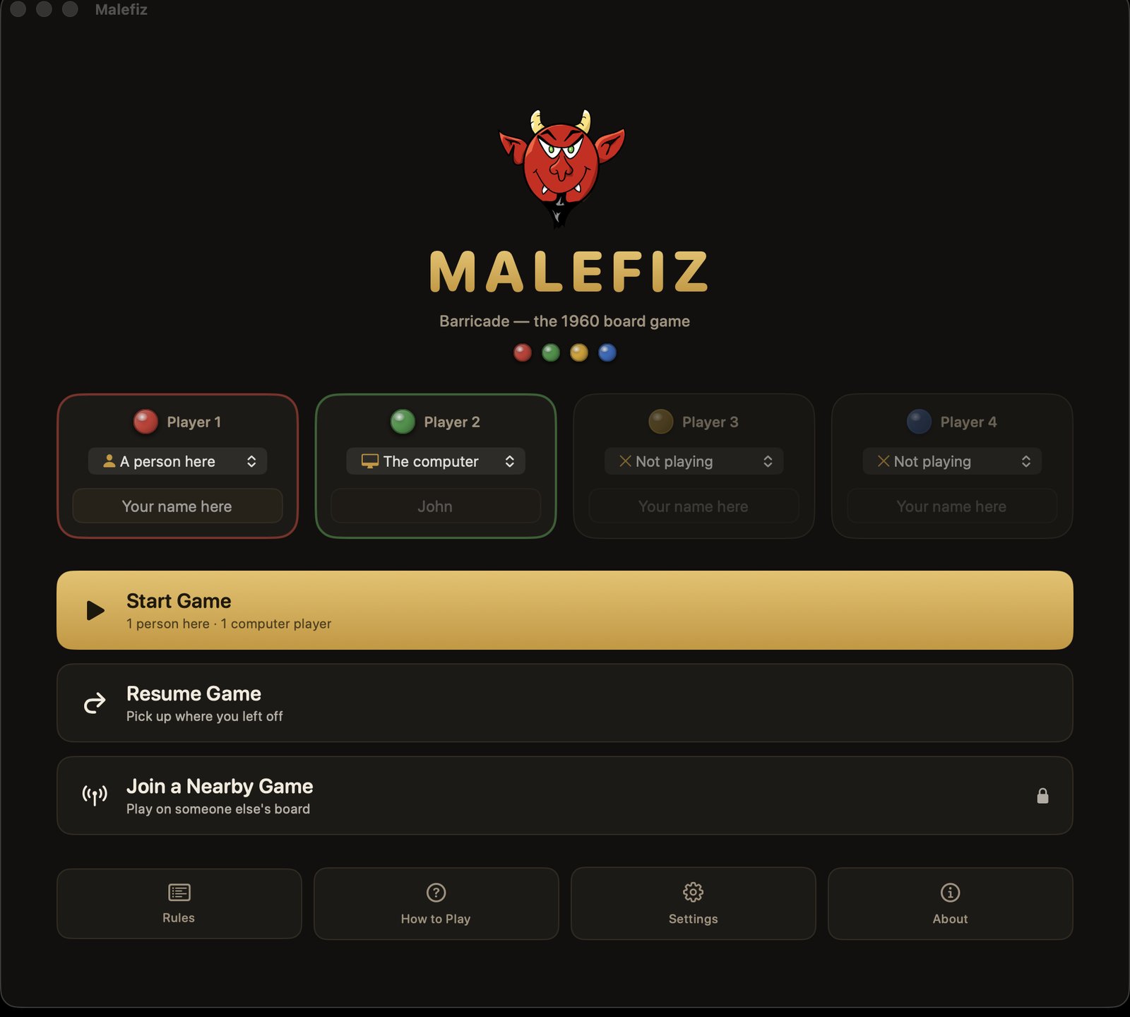 Malefiz on the Mac: the home screen with four player seats, Start Game, Resume Game and Join a Nearby Game