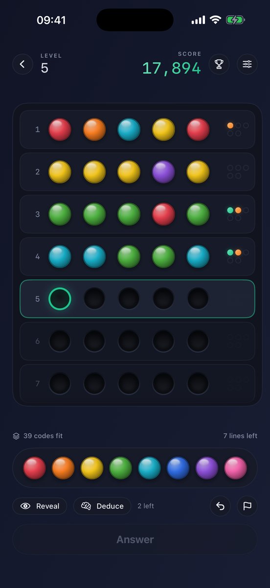 Mastermind Challenger on iPhone: four answered lines of coloured pegs with green and orange pins beside them
