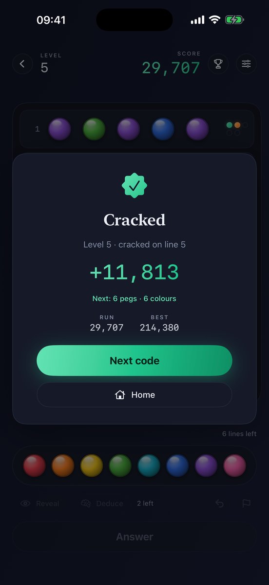 Mastermind Challenger: a code cracked, with the points it paid
