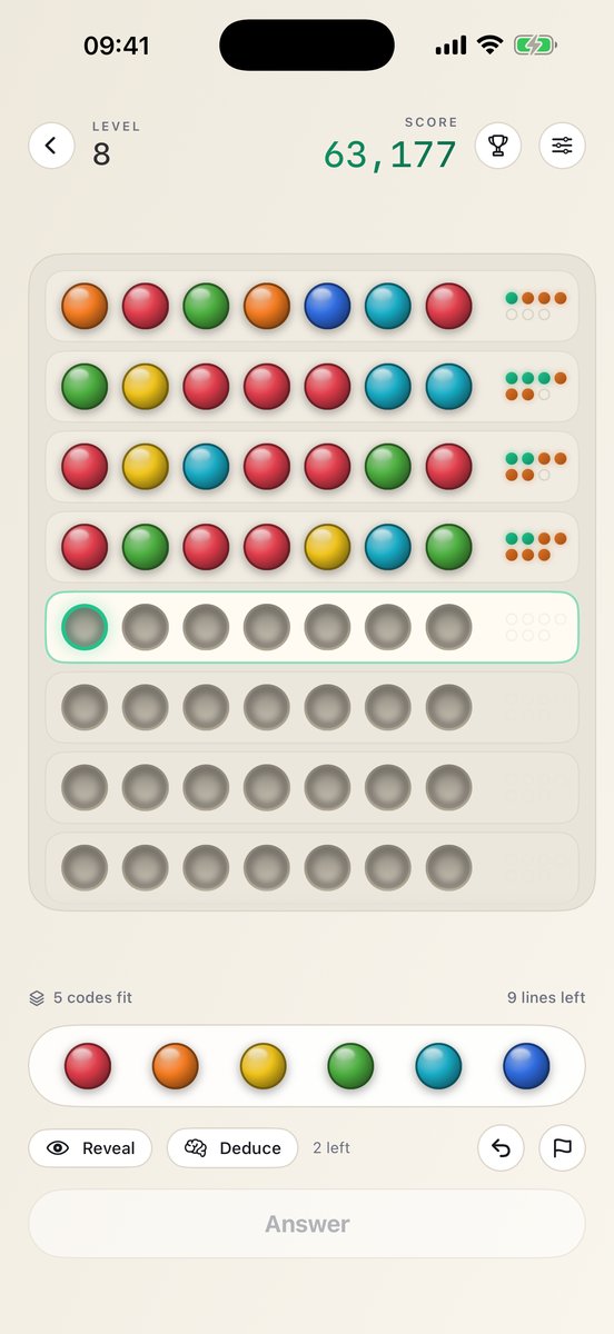 Mastermind Challenger in the light palette, on a seven-peg code