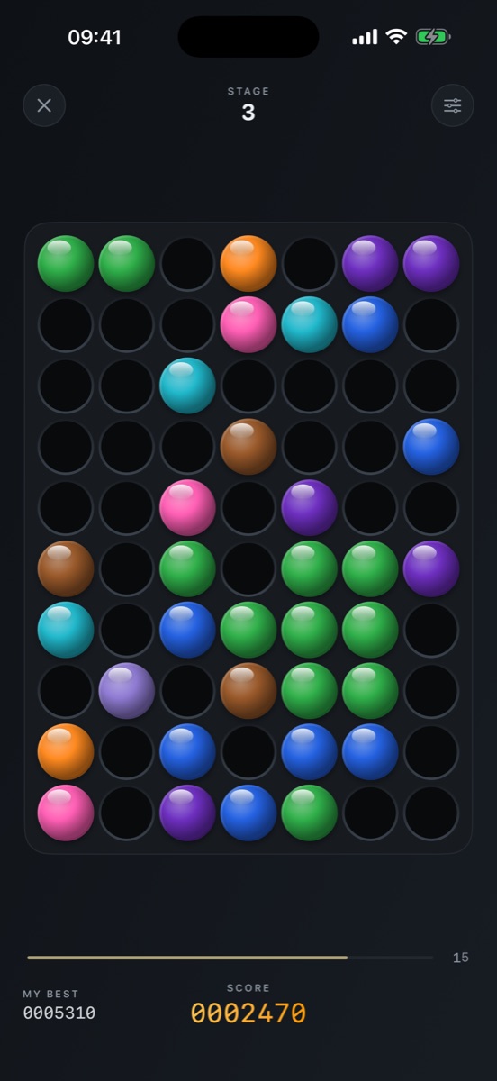 Matrix Balls on iPhone: a board of wells with coloured balls, stage 3