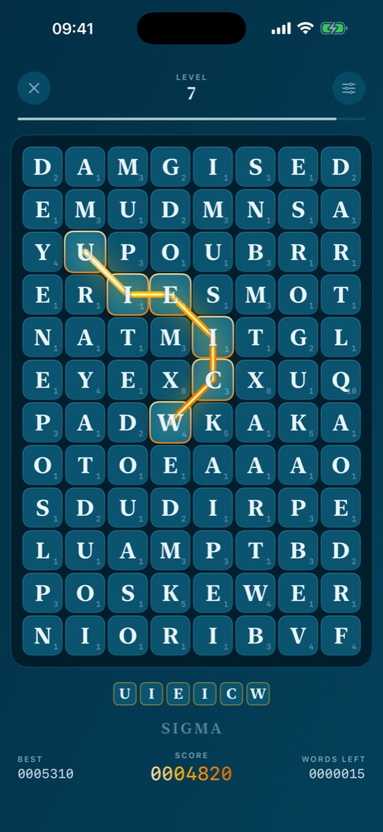 Wordz Genius on iPhone: a 12×8 grid of letter tiles with a dragged word highlighted in gold