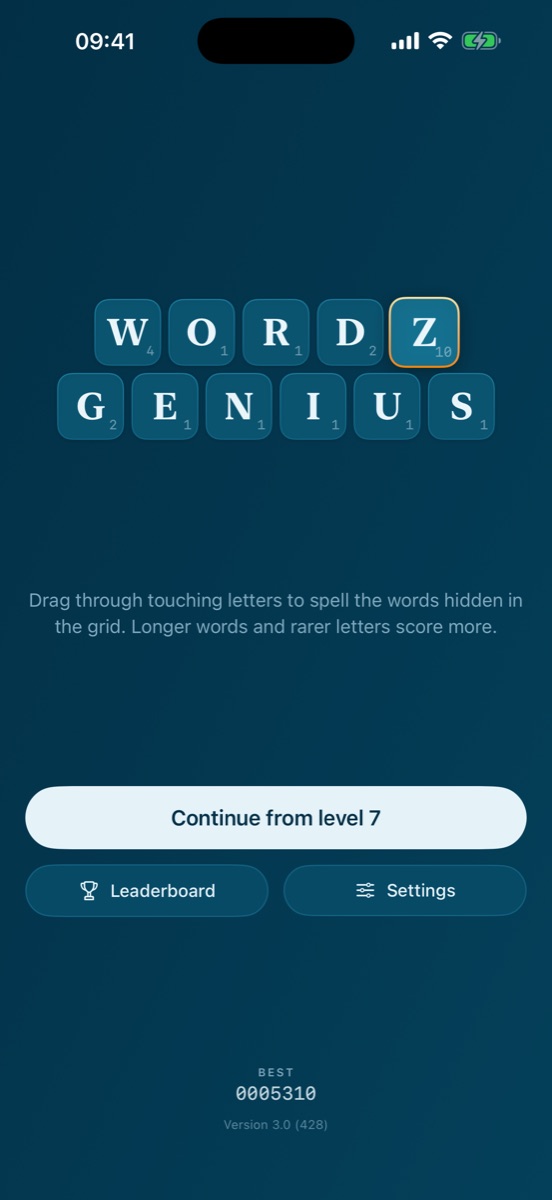 Wordz Genius home screen