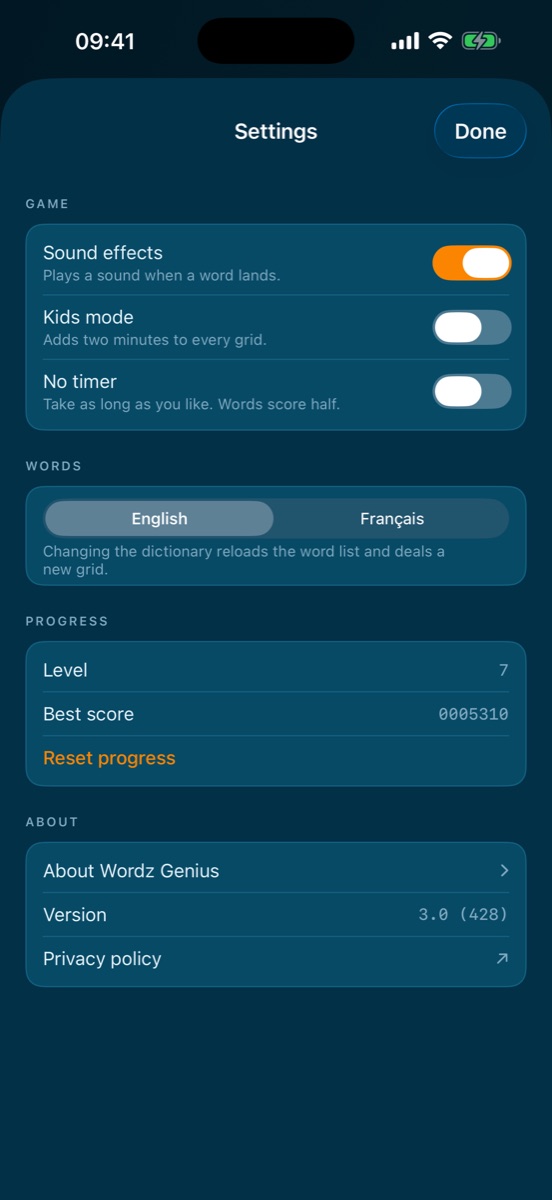 Wordz Genius settings: dictionary, kids mode, timer